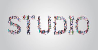 stüdyo kelime farklı meslek çalışanları karışımı yarış işçileri grup karışımı şeklinde toplama insanlar kalabalık birlikte sosyal medya topluluk kavramı düz yatay ayakta