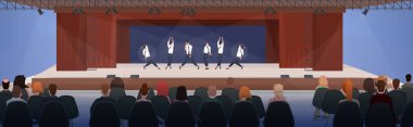 insanlar sandalyelerde oturan ve perdeler modern konsept salonu iç yatay düz ile sahnede dans performans dans grubu izlerken