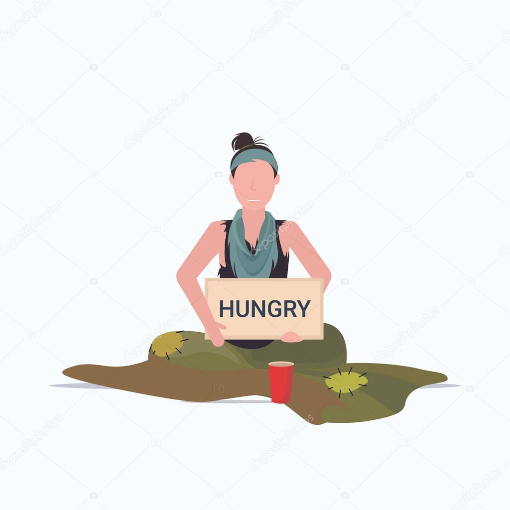 sad woman beggar holding sign board with hungry text girl tramp begging for help homeless concept flat full length white background