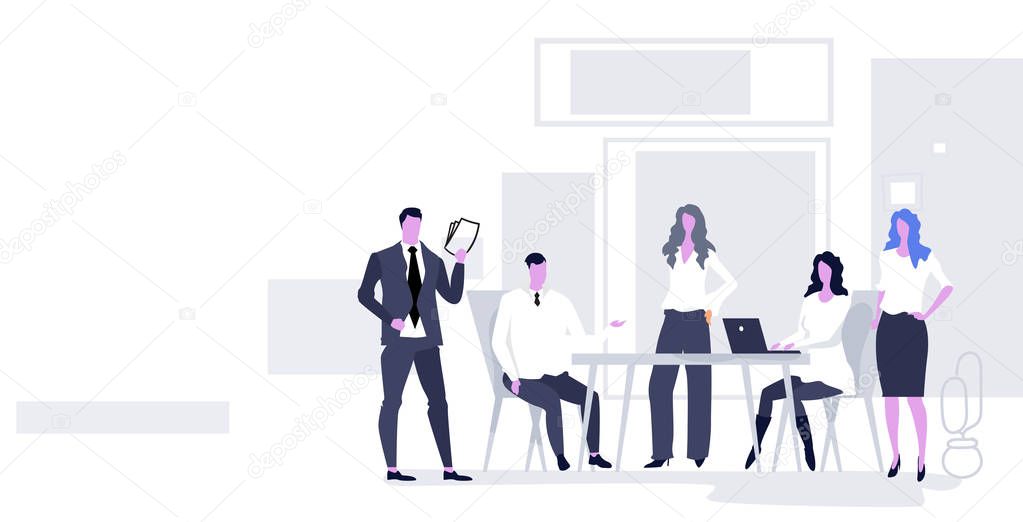 businesspeople team discussing new project during brainstorming meeting business people group talking on briefing teamwork concept modern conference room office interior horizontal full length