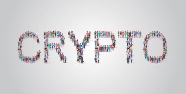 insanlar kalabalık kripto kelime farklı meslek çalışanları şeklinde toplama birlikte sosyal medya topluluk kavramı düz yatay ayakta yarış işçileri grubu karıştırın