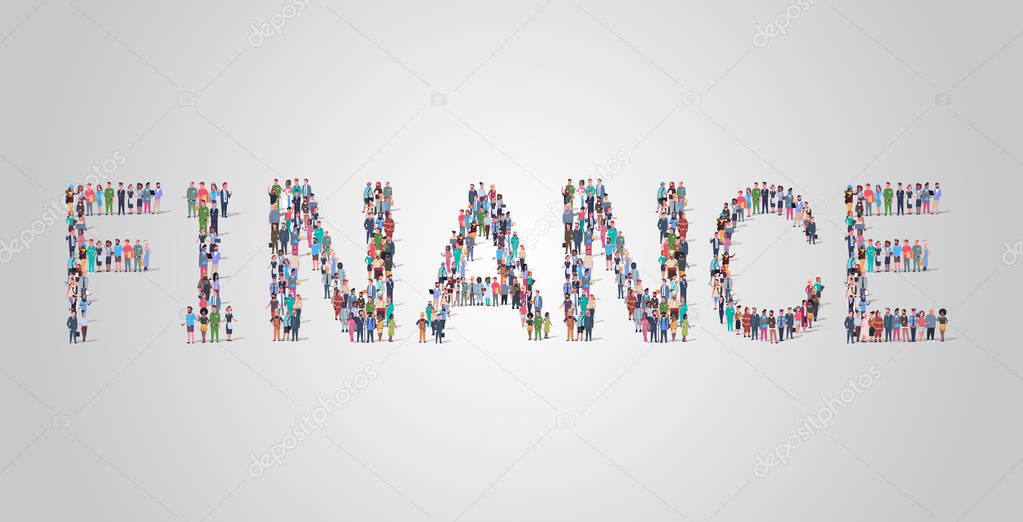 people crowd gathering in shape of finance word different occupation employees mix race workers group standing together social media community concept flat horizontal