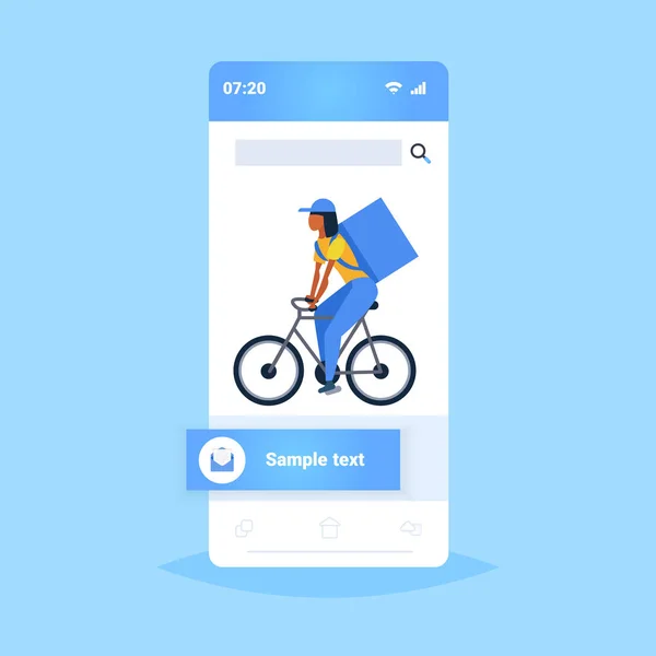 Nő futár nagy hátizsák lovaglás kerékpár Express élelmiszer-szállítási szolgáltatás koncepció okostelefon képernyő online mobil alkalmazás lapos teljes hosszúságú — Stock Vector