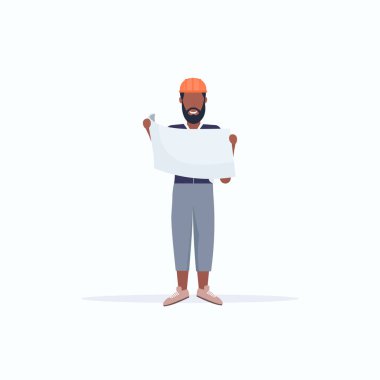 adam mimar yeni bina planı inşaat panning proje kavramı tam uzunlukta bakarak kask planı afro-amerikan mühendis tutan