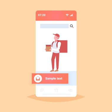 sırt çantası ve kağıt paket ekspres gıda teslimat ı ile adam kurye dükkan veya restoran kavramı online mobil uygulama akıllı telefon ekranı düz tam uzunlukta