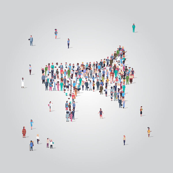 people crowd gathering in loudspeaker megaphone shape social media community announcement concept different occupation employees group standing together full length