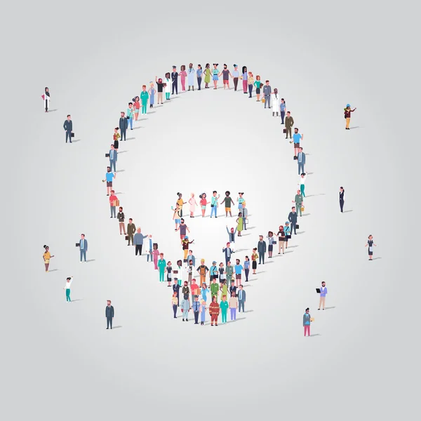 people crowd gathering in light lamp icon shape social media community creative idea concept different occupation employees group standing together full length