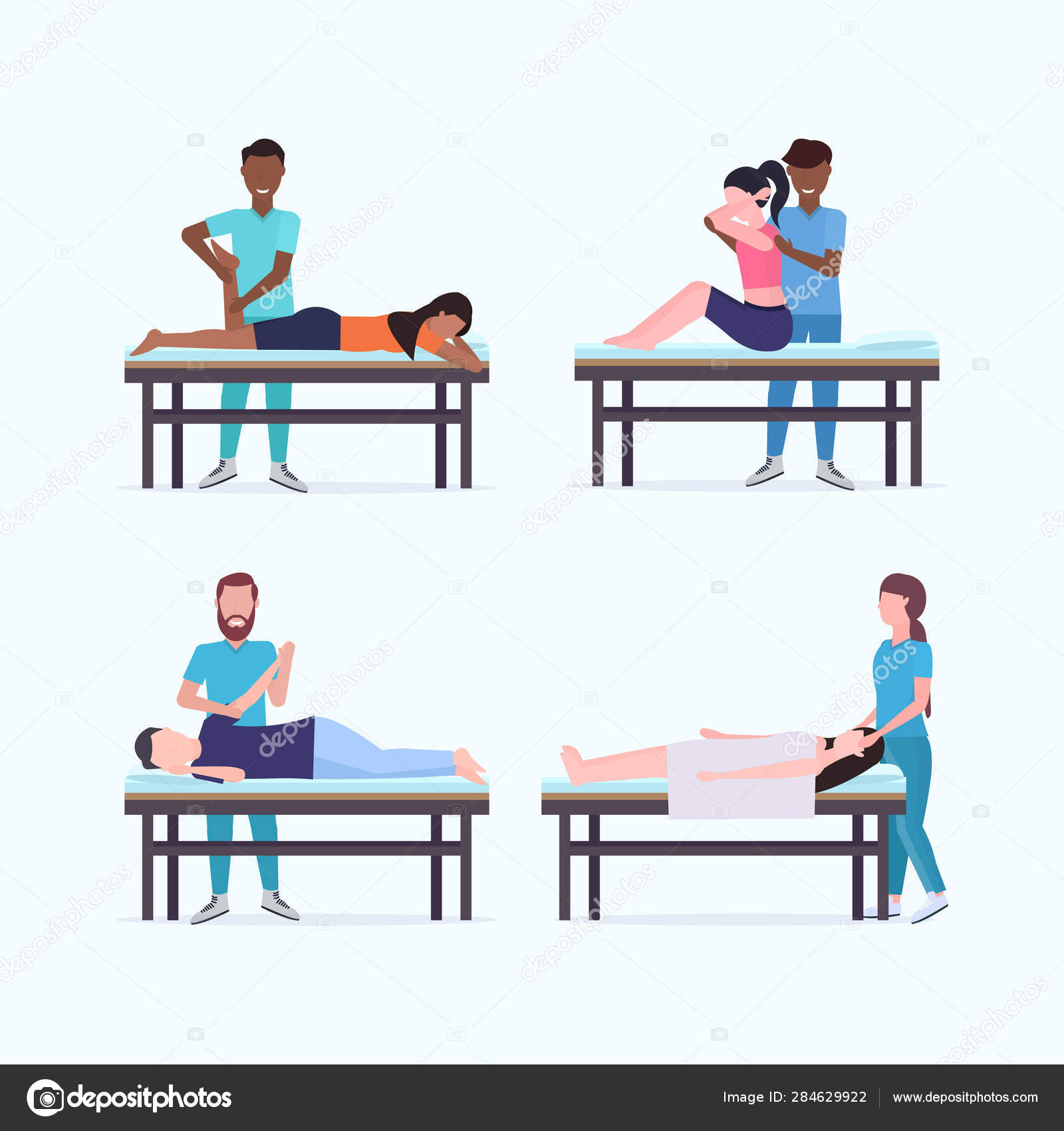 Set Masseurs Therapists Doing Healing Treatment Of Mix Race