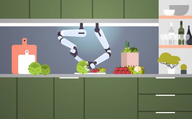 akıllı kullanışlı şef robot sebze salatası robotik asistan yenilik teknoloji yapay zeka kavramı modern mutfak iç düz yatay hazırlanıyor