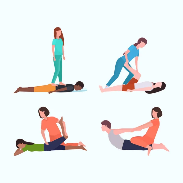 Impostare personal trainer facendo esercizi di stretching con i pazienti istruttore di fitness aiutare il paziente a allungare i muscoli diverse pose concetti di allenamento raccolta piatta lunghezza intera orizzontale — Vettoriale Stock