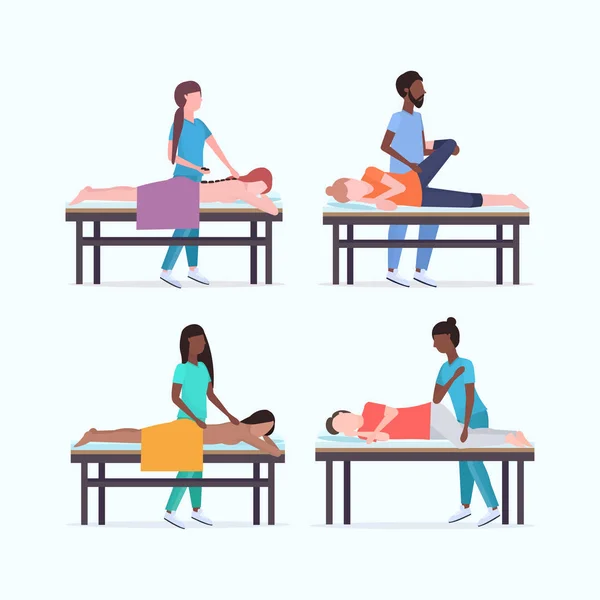 Set masseurs therapeuten doen genezing behandeling van mix race patiënten op massagetafel specialisten masseren geblesseerd lichaamsdelen collectie Manual sport fysiotherapie concept volledige lengte — Stockvector