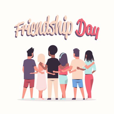 gençler grup kucaklayan arka görüş erkek kadın sarılma dostluk günü kutlama konsepti arkadaşlar eğlenceli beyaz arka plan tebrik kartı tam uzunlukta sahip