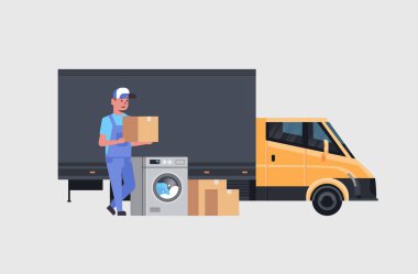 kurye adam yakın teslimat kamyon karton kutular paketleri çamaşır makinesi ev aletleri mağaza mal satın alma dağıtım kavramı düz tam uzunlukta yatay tutan