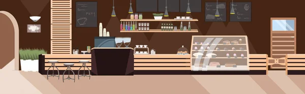 Modern café leeg geen mensen restaurant met meubel koffie winkel interieur plat horizontaal — Stockvector