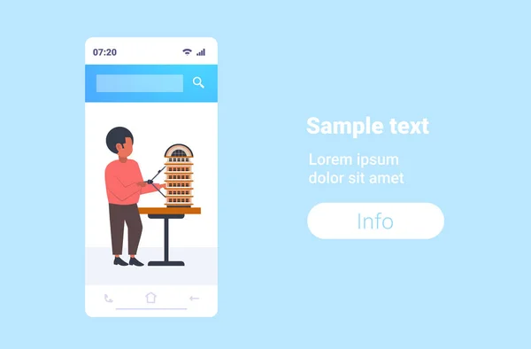 Man architect using compass engineer draft new building city model urban panning project concept housing contractor design house plan smartphone screen mobile app horizontal full length — Vettoriale Stock