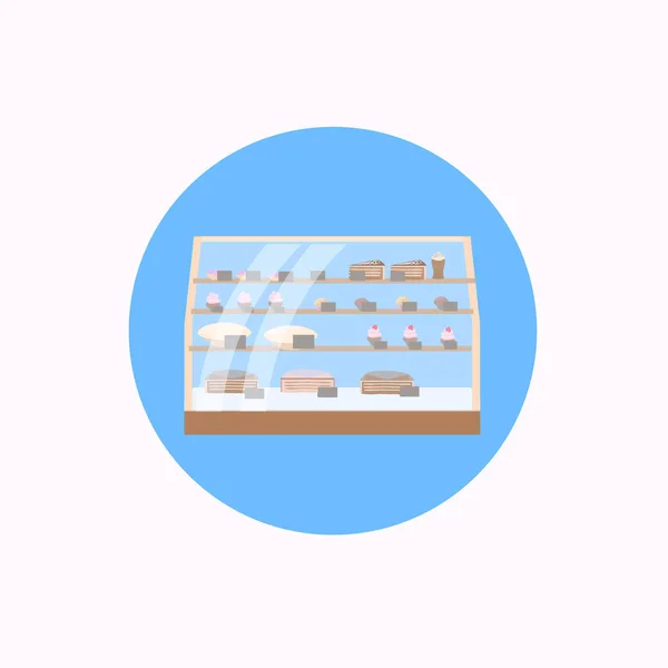 各种糕点在面包店甜甜甜品店窗口图标平 — 图库矢量图片