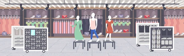 Μεγάλο κατάστημα μόδας σούπερ μάρκετ γυναικεία ρούχα εμπορικό κέντρο μοντέρνα μπουτίκ εσωτερικό επίπεδη οριζόντια — Διανυσματικό Αρχείο