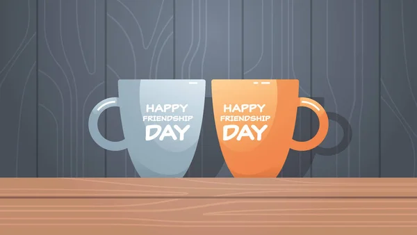 Две чашки на деревянном столе с текстом счастливого дня дружбы концепции празднования плоской горизонтальной — стоковый вектор