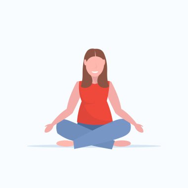 şişman obez kadın oturan lotus poz kız yoga egzersizleri eğitim egzersiz kilo kaybı kavramı düz tam uzunlukta beyaz arka plan yapıyor