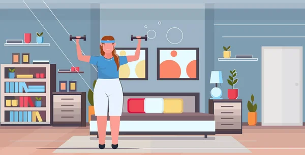 Şişman obez kadın dumbbells kilolu kız eğitim egzersiz kilo kaybı kavramı modern ev yatak odası iç düz tam uzunlukta yatay egzersizleri yapıyor — Stok Vektör