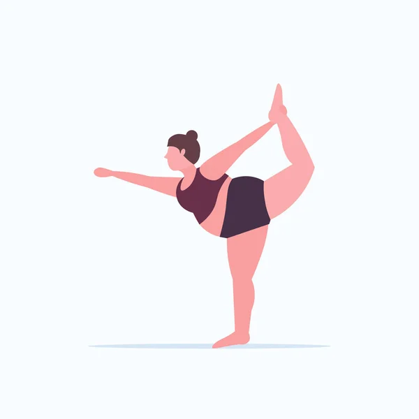 Grasa mujer obesa haciendo ejercicios de estiramiento chica entrenamiento entrenamiento concepto de pérdida de peso plana de longitud completa fondo blanco — Vector de stock