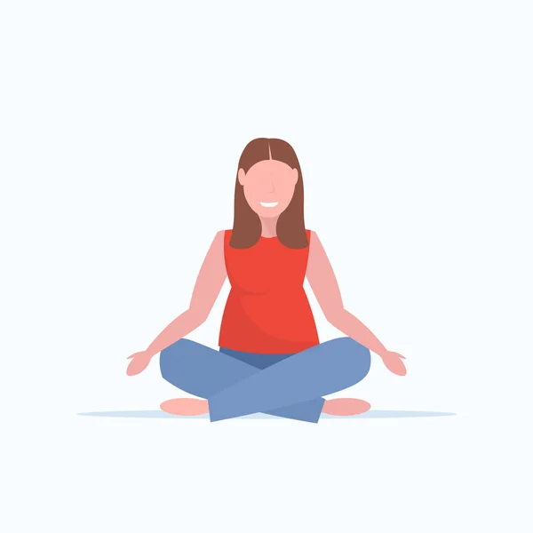 Mujer obesa gorda sentada chica pose de loto haciendo ejercicios de yoga entrenamiento entrenamiento concepto de pérdida de peso plana de cuerpo entero fondo blanco — Archivo Imágenes Vectoriales