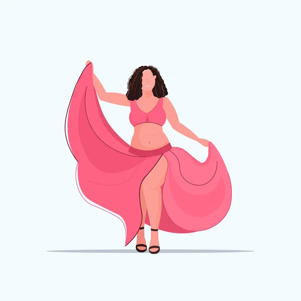 Gordo sobrepeso cuerpo positivo chica de pie pose obesa sonriente mujer bailando en vestido sobre tamaño femenino dibujos animados carácter longitud completa plana — Vector de stock