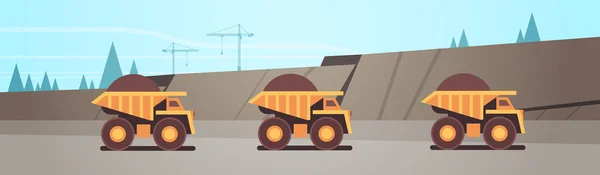 Těžký žlutý Tupper nákladní auta profesionální vybavení pracující na uhelném dolu výroba těžby dopravní koncept povrchové kamenoloma pozadí plochý horizontální — Stockový vektor