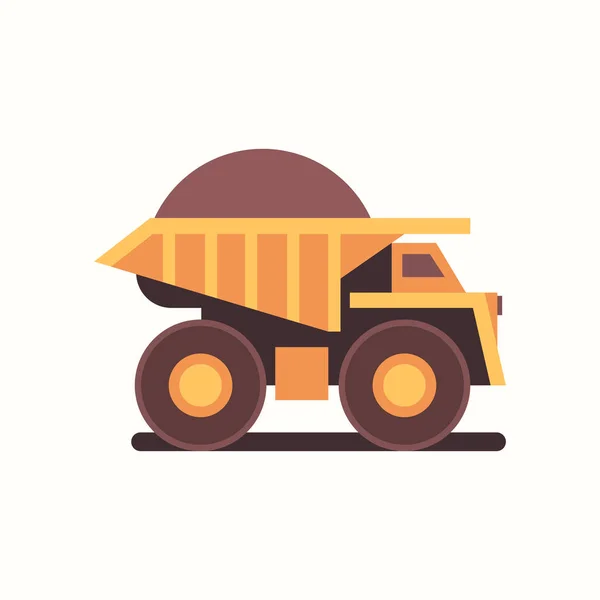Camión volquete amarillo pesado con carbón producción de máquinas industriales minerales útiles minería equipo profesional minería transporte concepto horizontal plana — Vector de stock