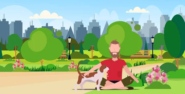 Poor bearded man with dog sitting in urban park beggar guy begging for help homeless jobless concept cityscape landscape background full length flat horizontal — Stock Vector