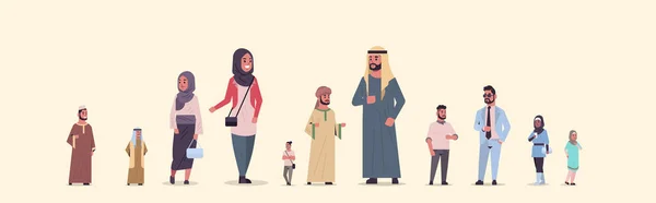 Verschillende Arabische mensen groep staande Arabische zakenlui dragen traditionele kleren vrouwelijke mannelijke Arabische cartoon karakters volledige lengte plat horizontaal — Stockvector