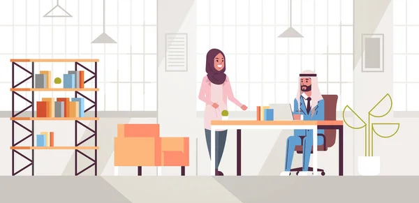 Arab businessman with female assistant using laptop discussing new project during meeting at workplace teamwork concept creative workspace modern office interior flat full length horizontal — Stock Vector