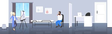 kadın oftalmolog grafik tıp sağlık kavramı modern klinik oda iç tam uzunlukta yatay harfleri işaret afrikalı amerikalı erkek hasta görme doktoru göz görme kontrol