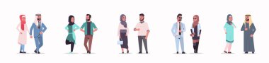 farklı arap iş çift birlikte geleneksel giysiler arap çizgi film karakterleri koleksiyonu tam uzunlukta düz beyaz arka plan yatay afiş giyen arap adam kadın ayakta