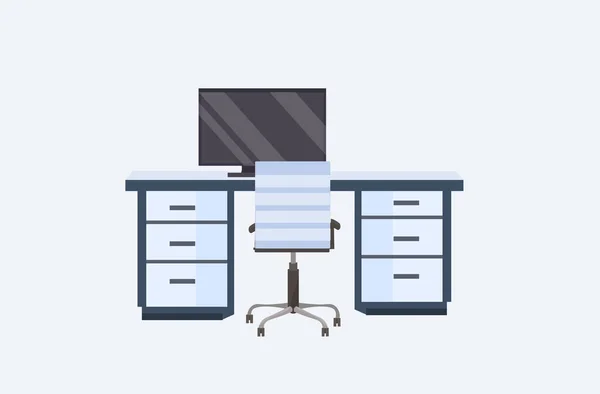 Vazio não pessoas moderna mesa de trabalho com monitor de computador contemporâneo mobiliário de escritório plana horizontal —  Vetores de Stock