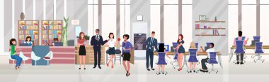 Modern açık alan başarılı ekip çalışması düz iş iç kavramı merkezi ofis çalışma alanı yatay yaratıcı
