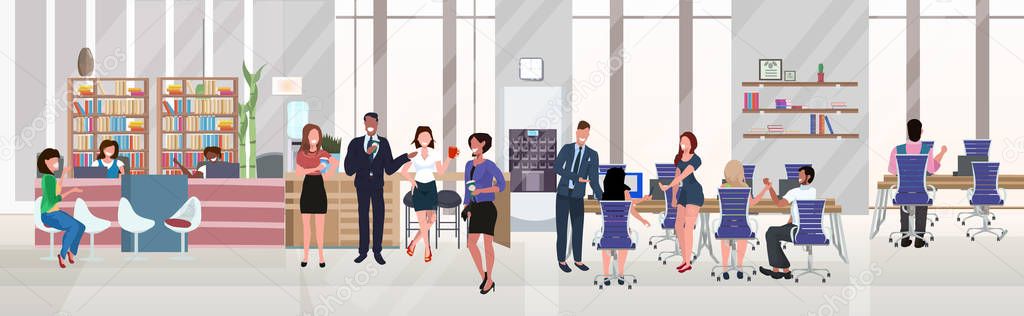 businesspeople employees successful teamwork concept hardworking process open space creative co-working center modern workspace office interior flat horizontal full length