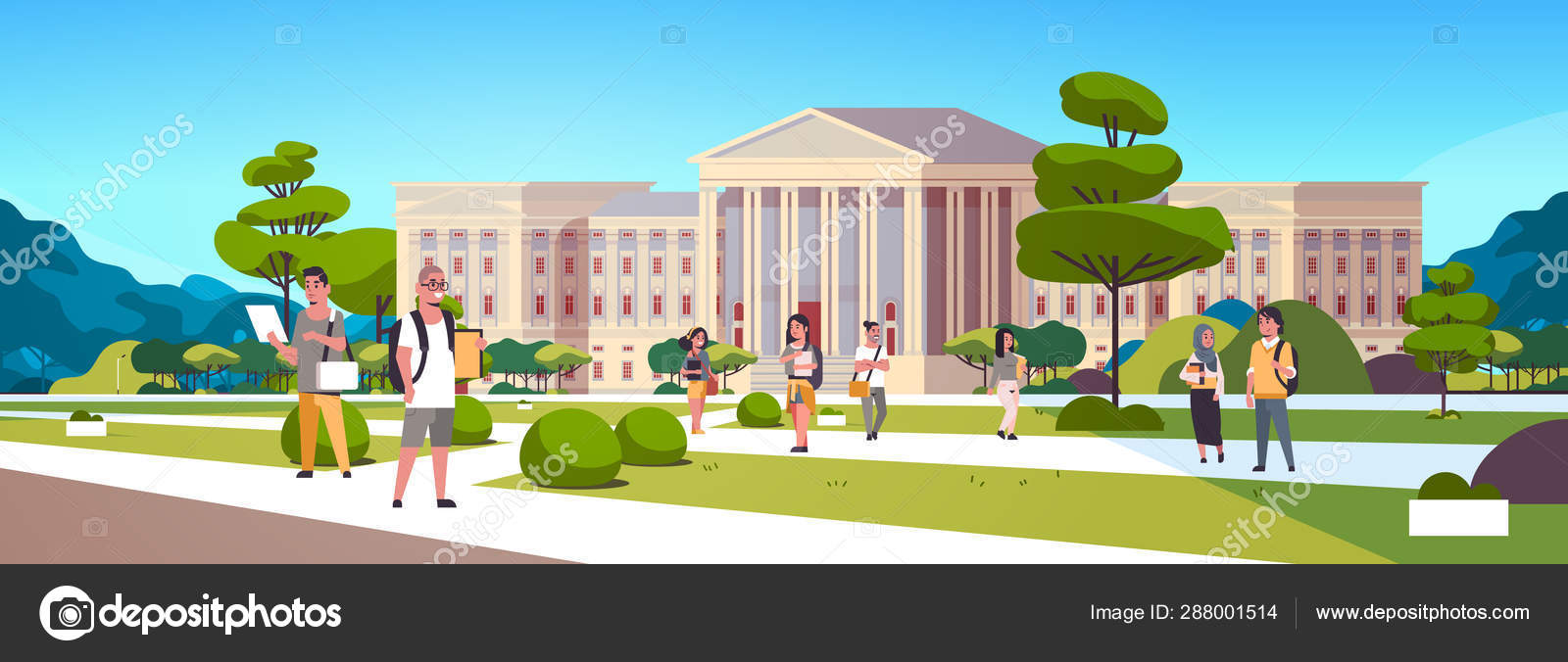 캠퍼스 마당 교육 개념 대학 친구 휴식과 대학 건물 외부 수평 전체 길이 앞에서 걷는 젊은 믹스 레이스 학생 그룹 스톡 벡터 -  ©mast3r 288001514, image size:1600x676
