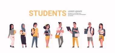Genç öğrenciler grup bir araya çizim erkek kadın karikatür kavramı çizgi animasyon çocuk karakter tam uzunluğu kopya yatay