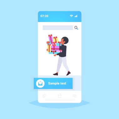 adam sarmak taşıma hediye kutuları büyük daire cep telefonu ekran tasarım adam renk renkli sunuyor tutma yığın