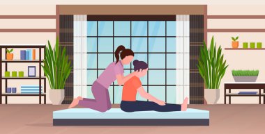 kadın kişisel eğitmen kadın fitness eğitmeni spor egzersiz kavramı düz tam uzunluk yatay vücut streç çalışma tasarım