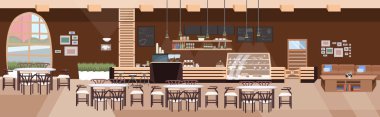 Modern kafe boş hiçbir kişi restoran salonu ile masa ve sandalyeler kahve dükkanı iç düz yatay afiş