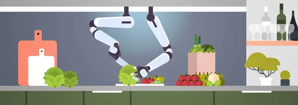 Robot cuisinier intelligent et pratique préparant une salade de légumes assistant robotique technologie d'innovation concept d'intelligence artificielle bannière horizontale plate intérieure de cuisine moderne — Image vectorielle