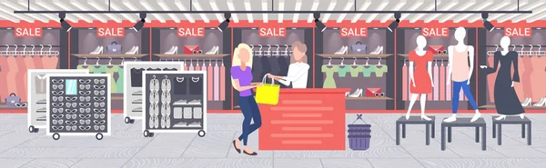 Biuro butik dama sklep kobiece kobieta kupno moda nowoczesny nowy w poziomy przechowywać płaski torba szmatką tkanina transparent wnętrze zakupy — Wektor stockowy