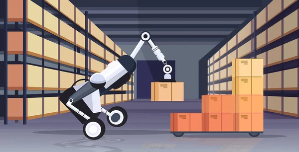 robotic worker loading cardboard boxes hi-tech smart factory robot artificial intelligence logistics automation technology concept modern warehouse interior flat horizontal