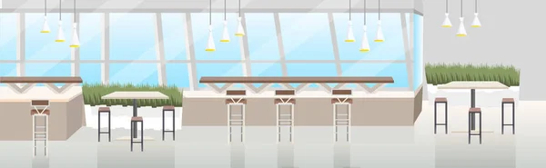 Moderno café interior vazio sem pessoas restaurante com mobiliário plana bandeira horizontal — Vetor de Stock