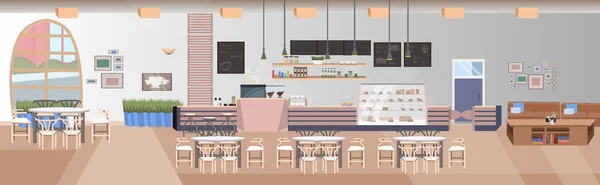 현대 카페 빈 테이블과 의자 커피 숍 내부 평면 수평 배너와 사람들 레스토랑 홀 — 스톡 벡터