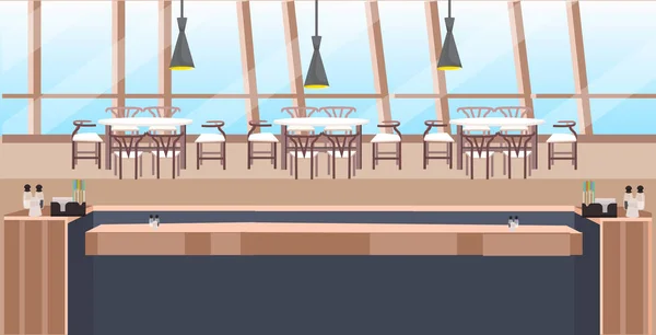 モダンなカフェ空き人レストランカウンターデスクテーブルと椅子コーヒーショップインテリアフラット水平 — ストックベクタ