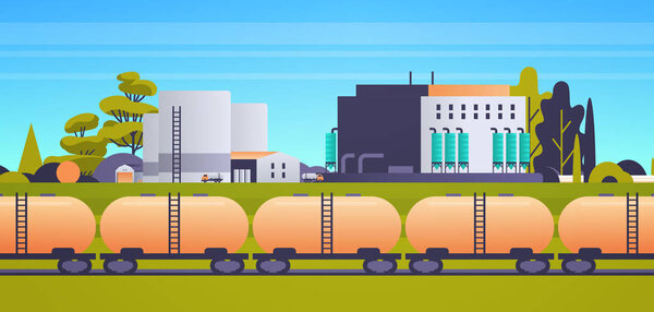 factory building industrial zone plant power station production technology concept train tanks with oil and fuel landscape background horizontal flat