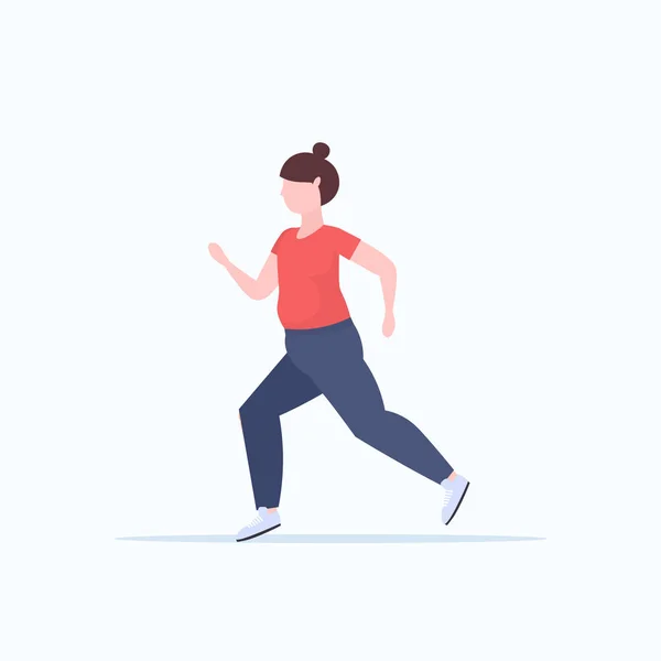 Fett fettleibige Frau joggen übergewichtige Mädchen laufen Sport Aktivitätstraining Training Gewichtsverlust Konzept flach volle Länge weißer Hintergrund — Stockvektor